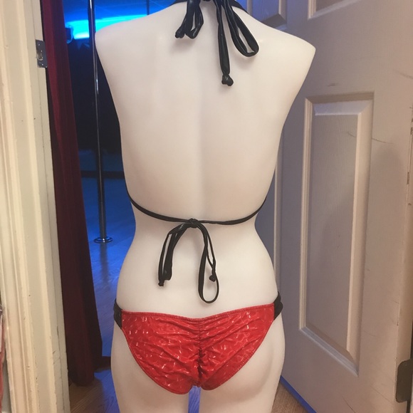 J Valentine Galactic Foil Scrunch Pucker Back Triangle Top Bikini Red Black S/M - Picture 7 of 8